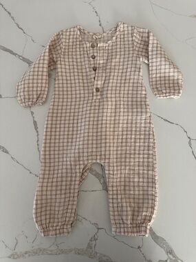 Quincy Mae Cream and Brown Plaid One-Piece Romper